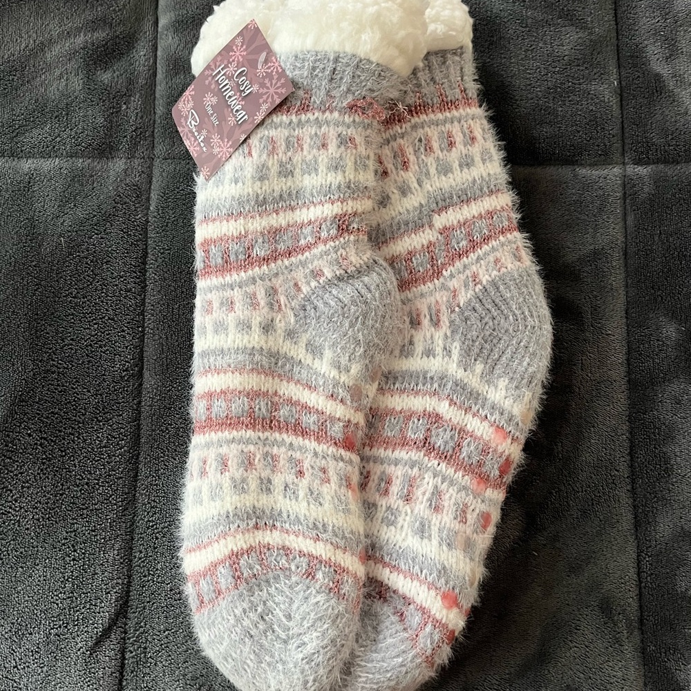 Gray and White Fuzzy Socks